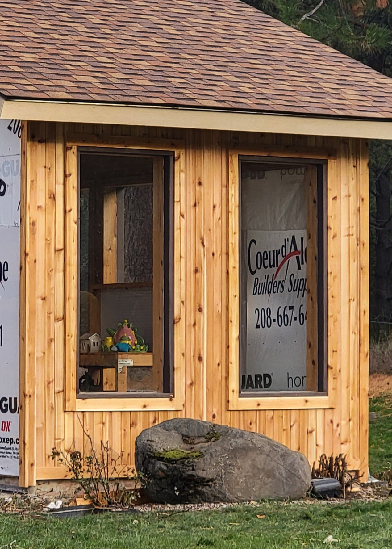 (During) Re-side: Hardie Board & Batten, Cedar Shiplap on Sunroom, Hardie Shake Accents, LP Trim & Soffits, Cedar Tongue & Groove Soffits