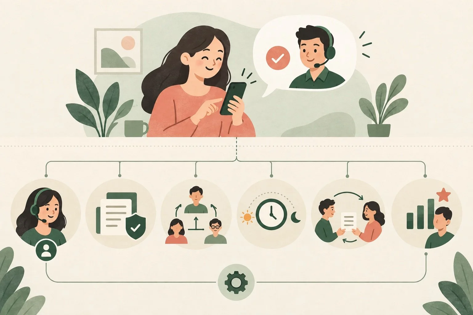 A WeCom service experience showing a customer receiving a simple helpful response while the company coordinates ownership, approved knowledge, routing, service coverage, handover and performance review behind the scenes.
