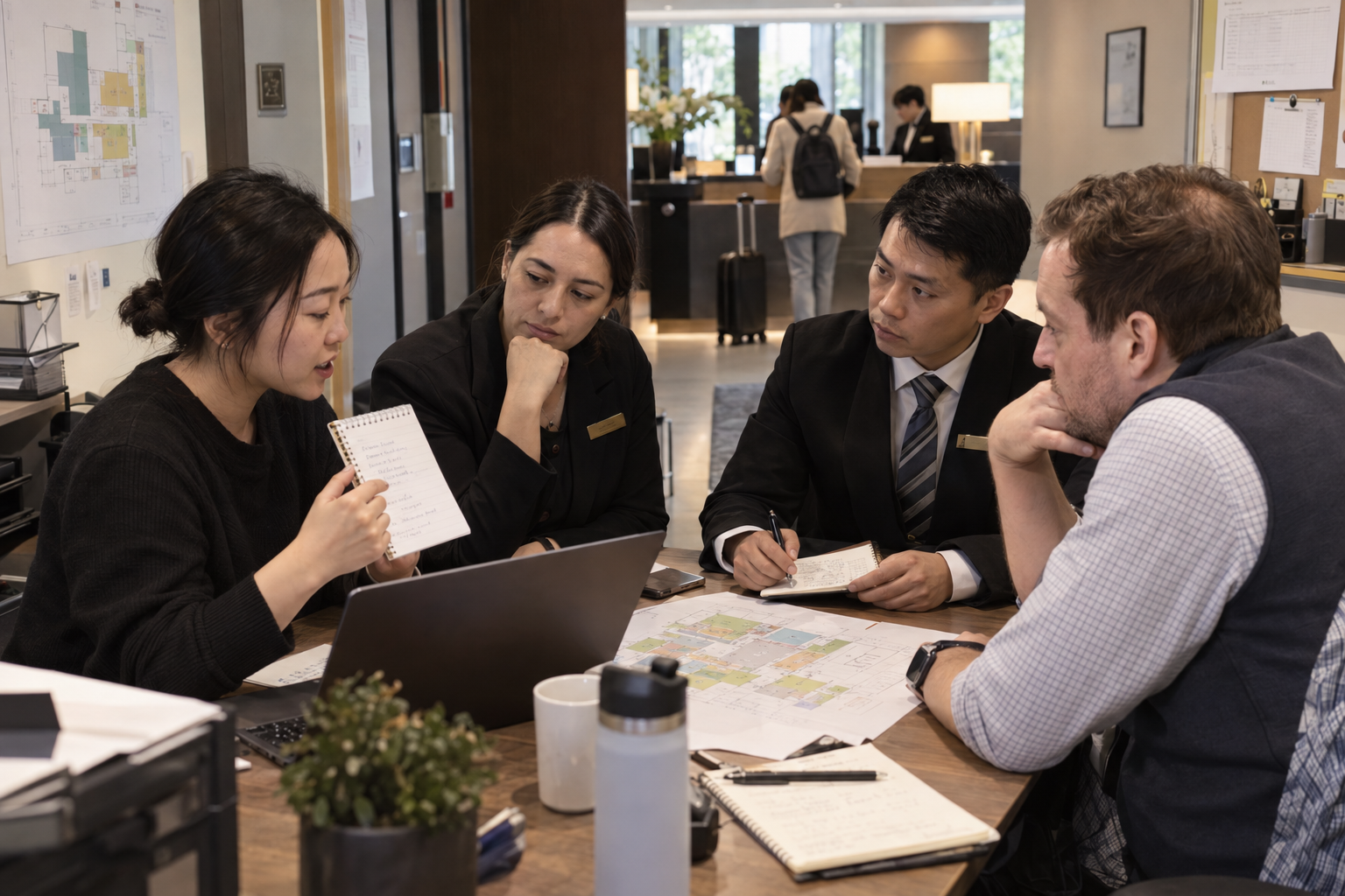 Hotel marketing, reservations and operations colleagues reviewing Chinese guest questions together