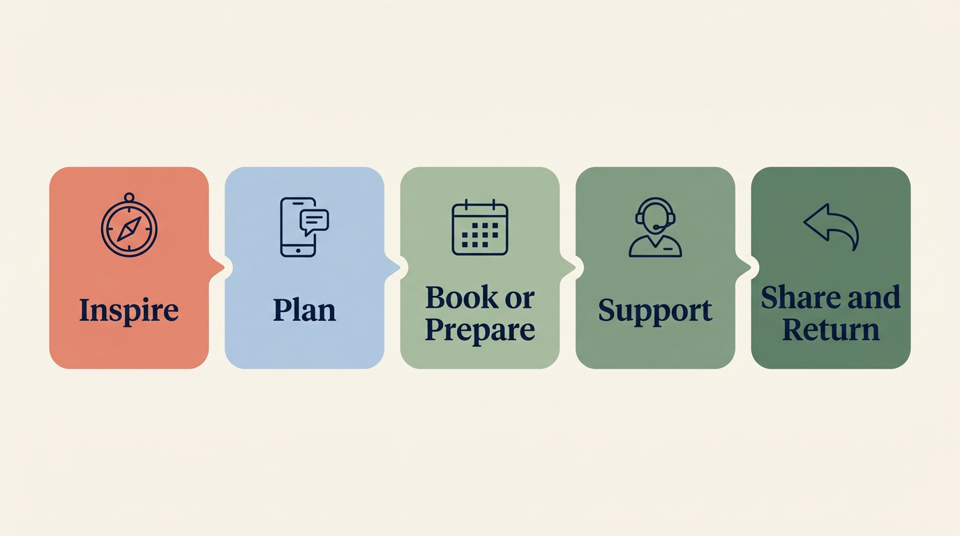 Five-stage WeCom journey for hospitality and travel brands from inspiration and planning to support, sharing and return visits.