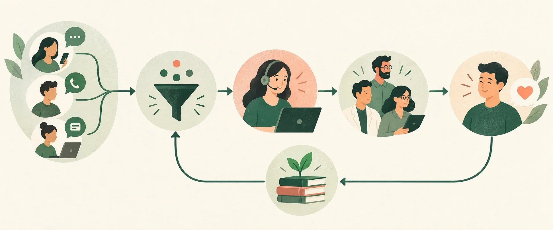 A five-stage WeCom customer service workflow from customer entry points through routing, frontline response, specialist support and resolution, with learning fed back into the service process.