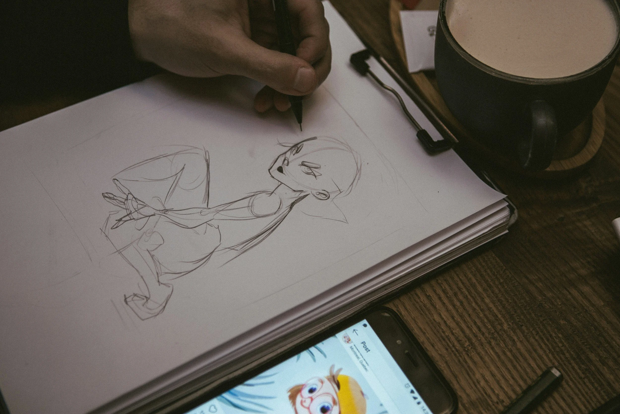 Artist sketching an original character in a notebook, illustrating how an animation IP can extend storytelling beyond episodes.