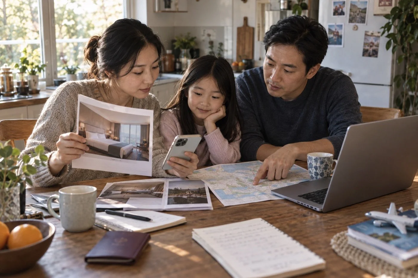 Family comparing hotel room photos and booking details before choosing a stay