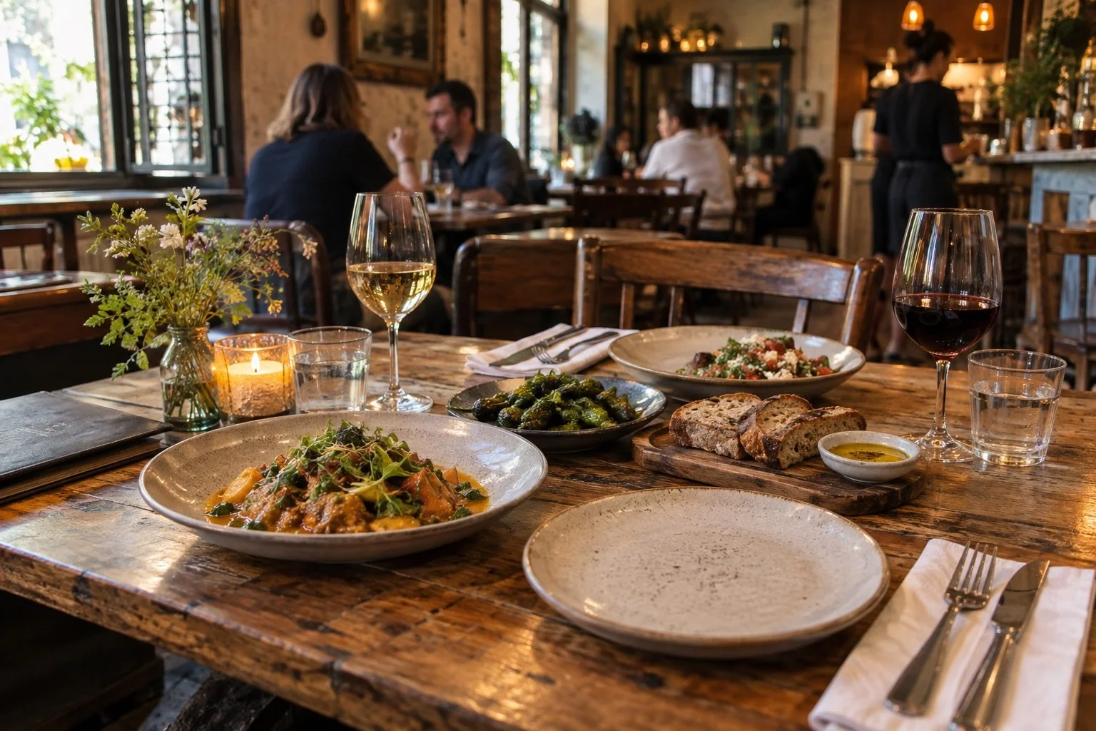 Table set with local dishes in a warmly lit restaurant dining room