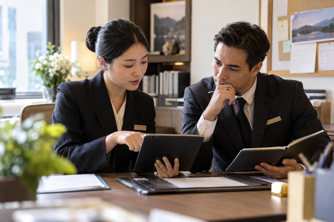 Hotel reservations and guest-service colleagues coordinating a response to a Chinese traveller enquiry