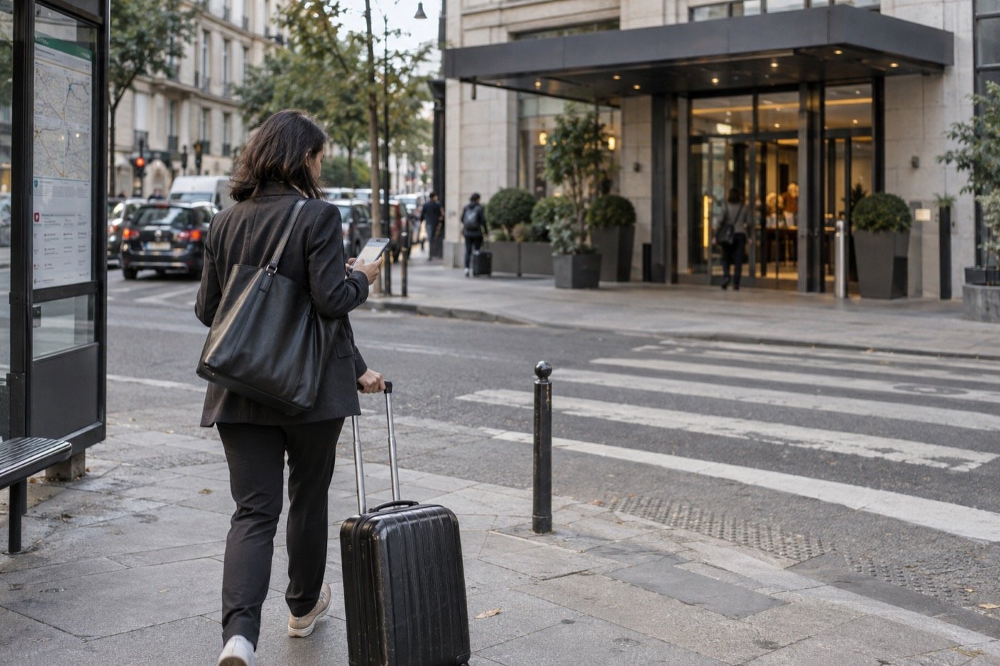 Hotel team member testing a traveller arrival route from a transit stop to the hotel with a suitcase and phone