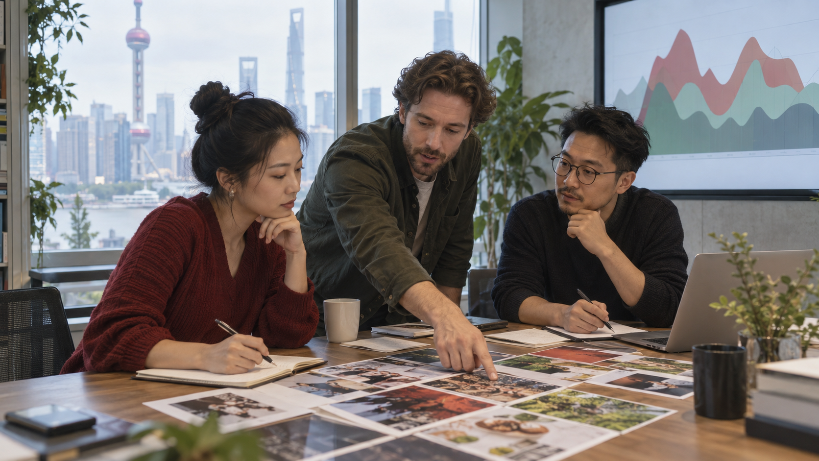 A multicultural marketing team in Shanghai reviews emerging content themes and audience signals.