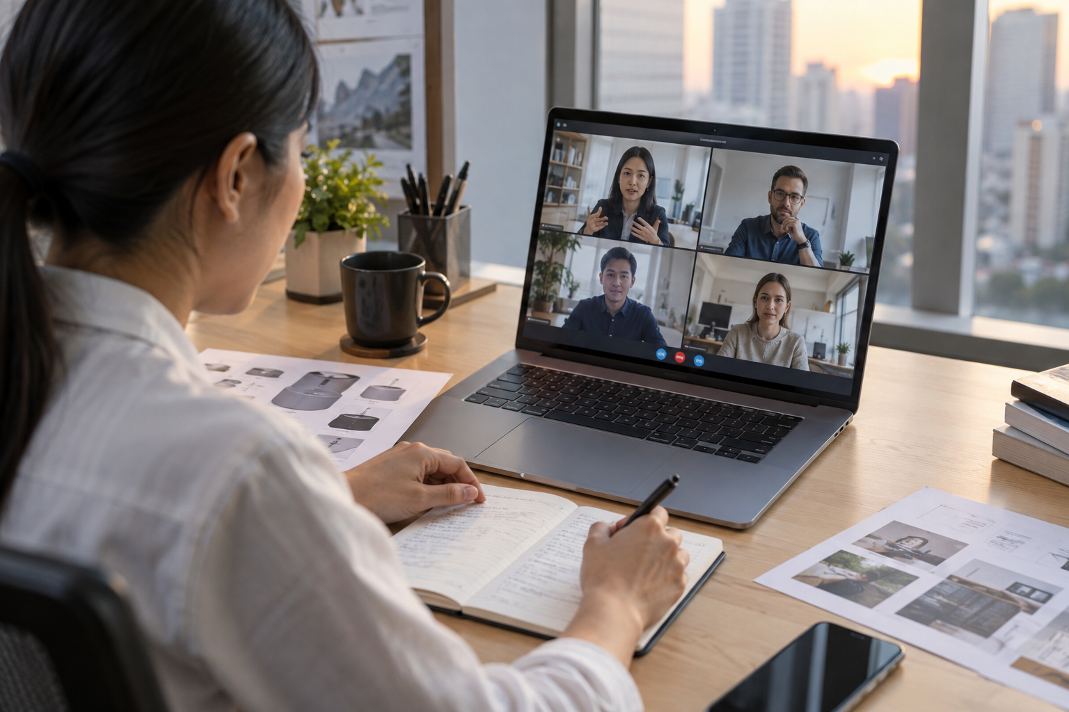 An international and Chinese B2B technology team reviews an enquiry handover during a video call.