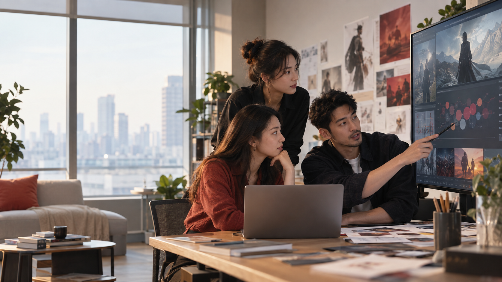 A bilingual entertainment marketing team reviews release assets and public conversation signals in a China-based creative studio.