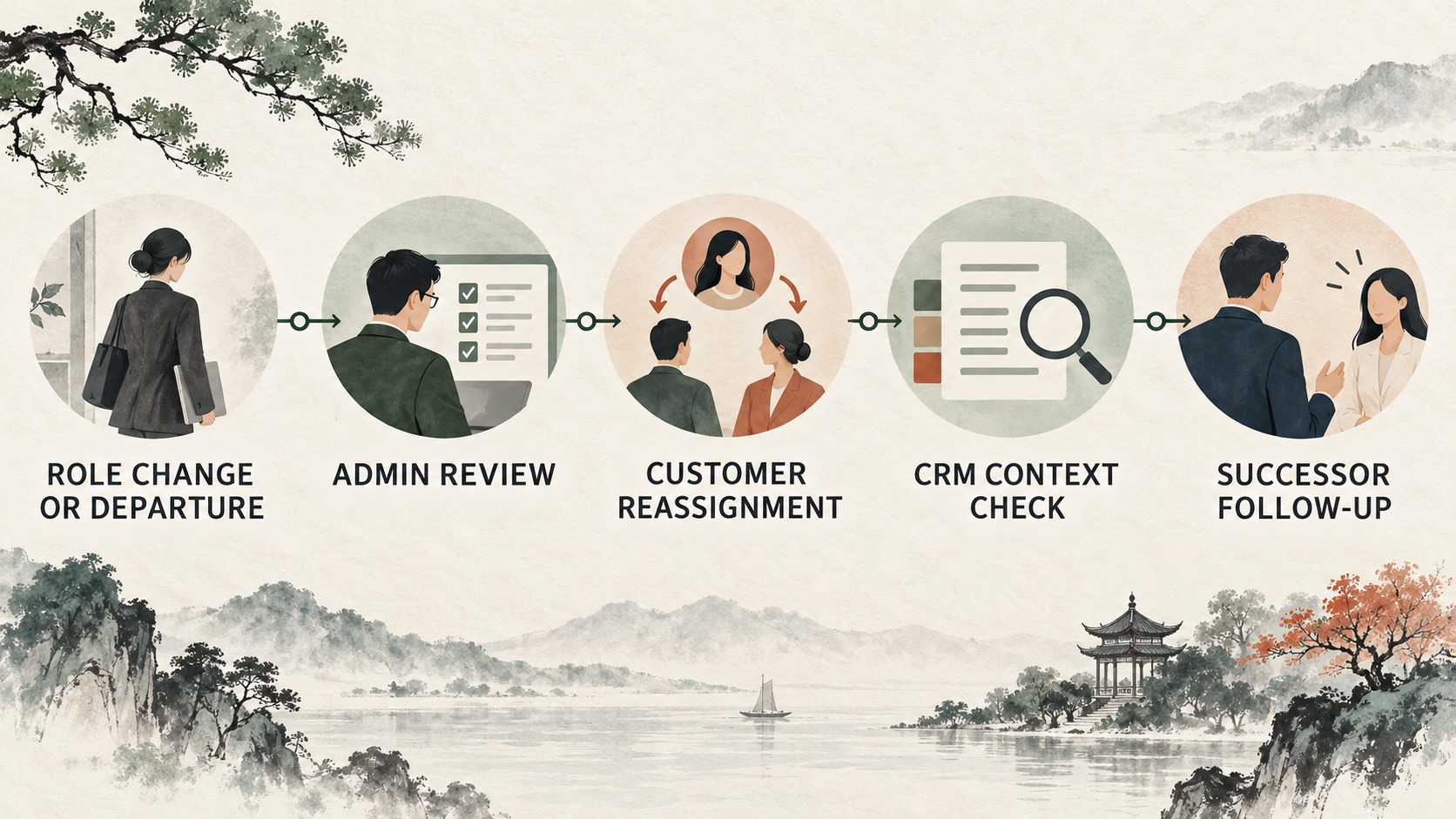 A WeCom employee handover flow moving from a role change through administrator review, customer reassignment, CRM context checking and successor follow-up.