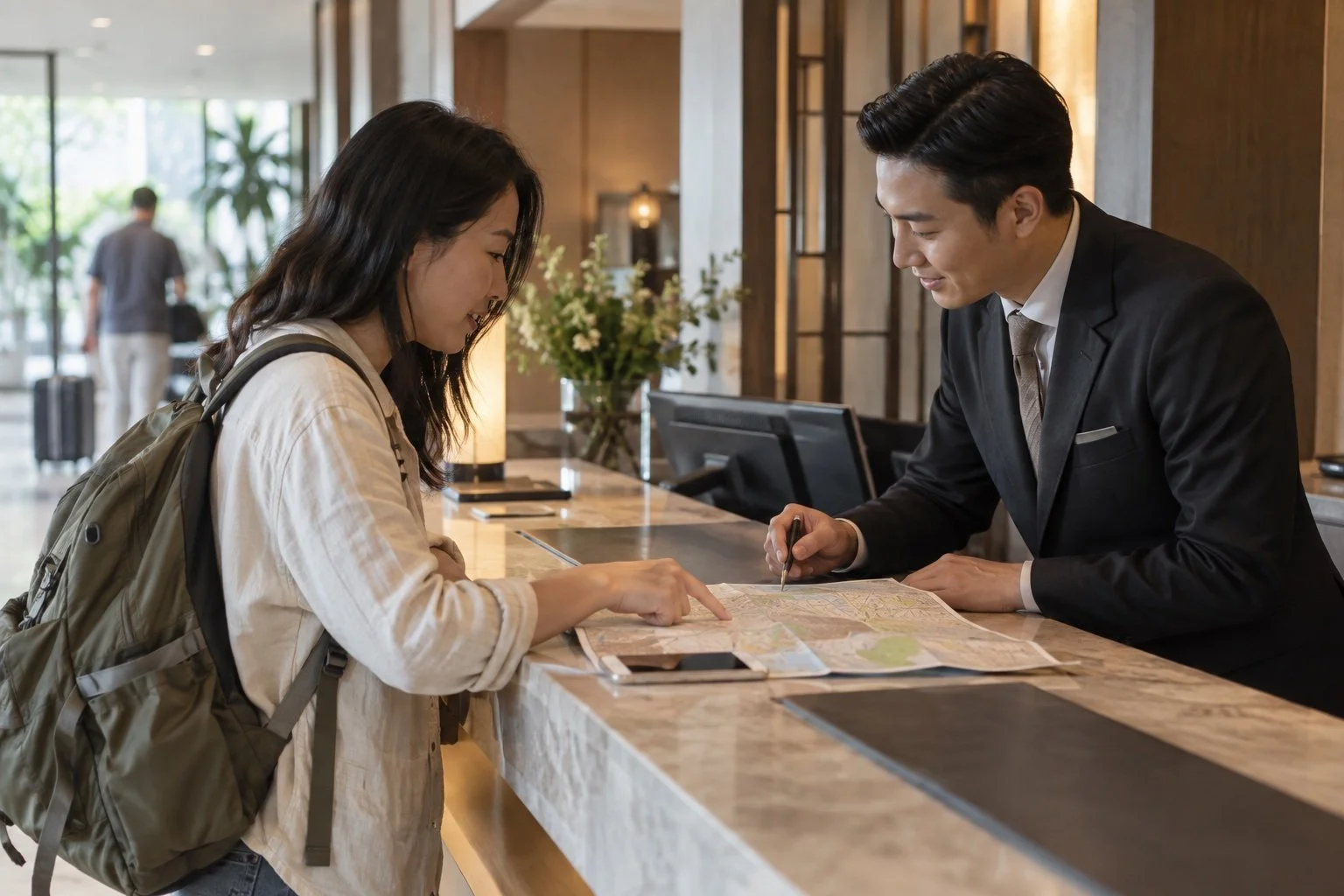 Traveler speaking with hotel staff about a local map at reception