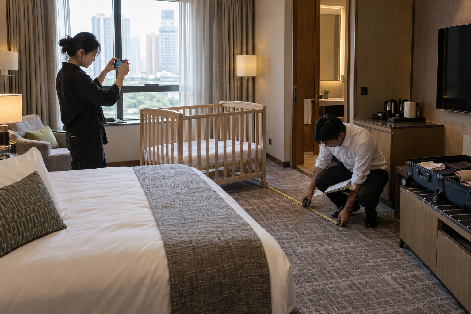 Hotel content team measuring and photographing practical room details for Chinese travellers