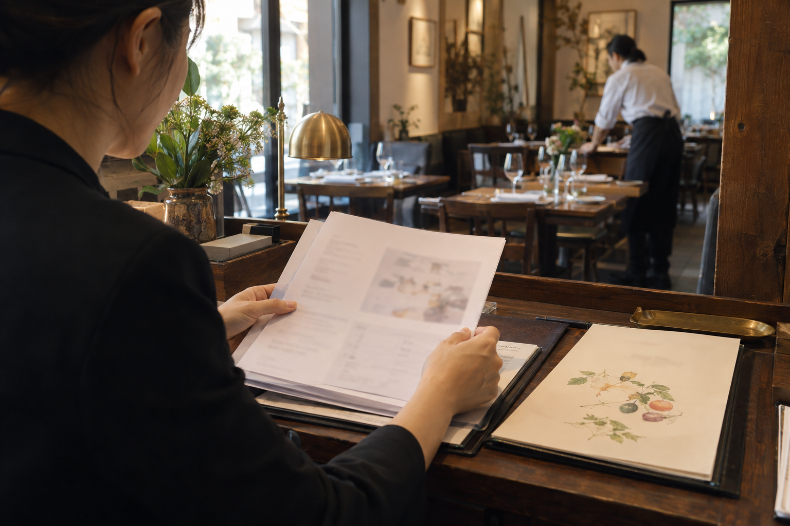 Restaurant reservations manager reviewing guest notes before evening service in an elegant dining room.