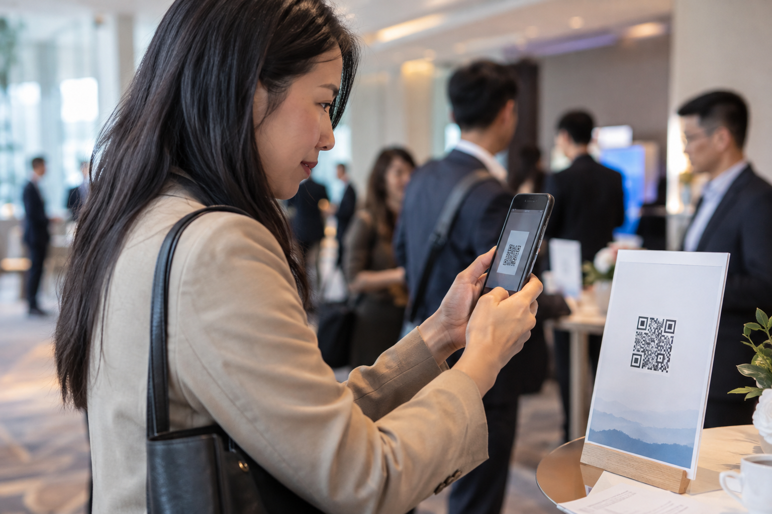 A Chinese business visitor scans a QR code at a small technology industry event to begin a WeCom enquiry.