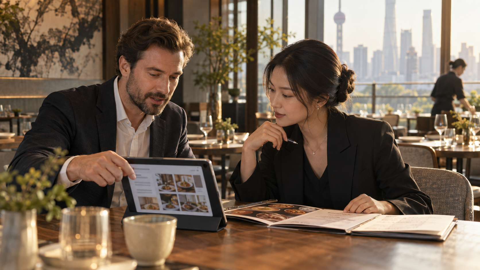 An international restaurant marketer and Chinese colleague review a local listing and menu inside a Shanghai dining room.