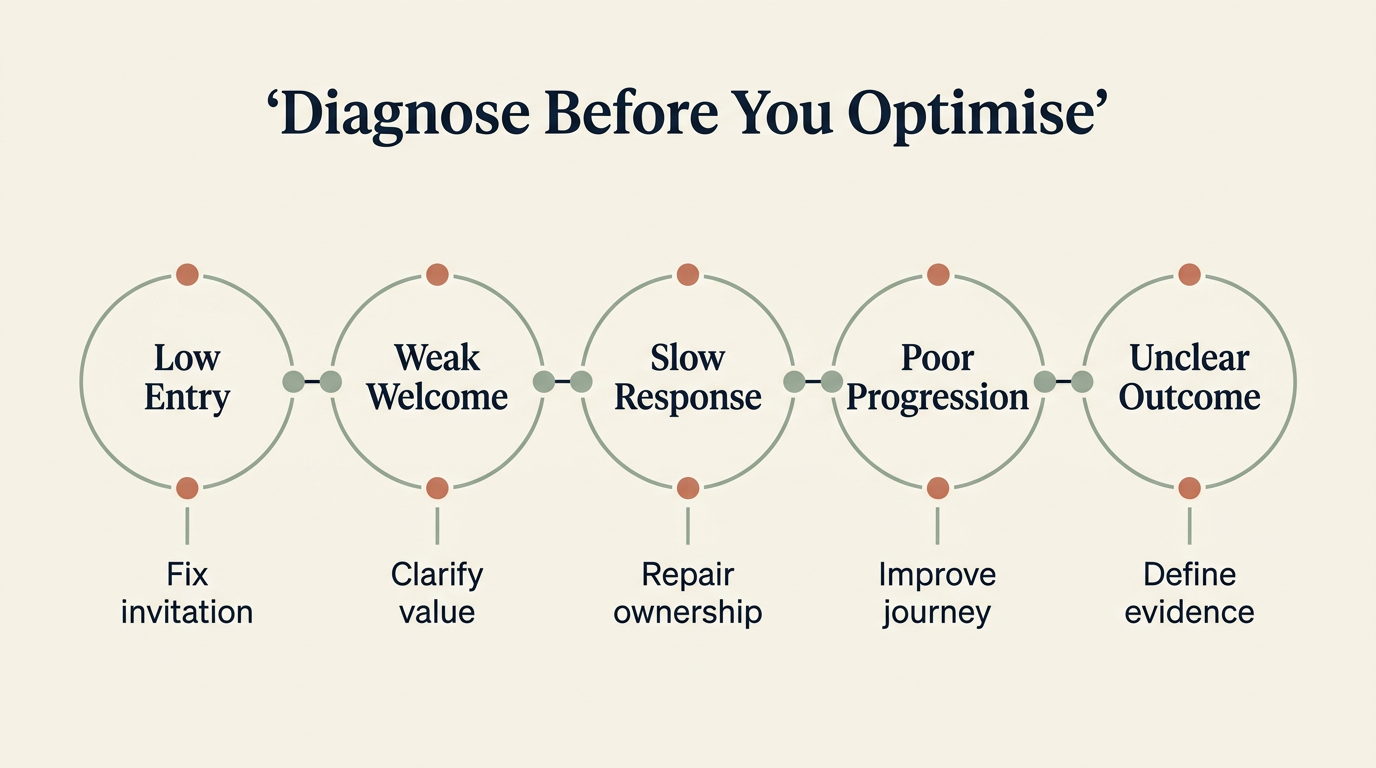 Five-stage WeCom performance diagnostic from low entry to unclear outcomes, with a focused action for each issue.