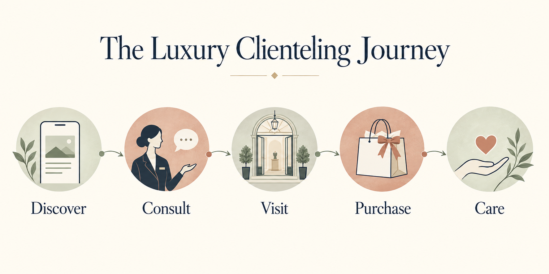 Five-stage luxury WeCom clienteling journey covering discovery, consultation, visit, purchase and care.