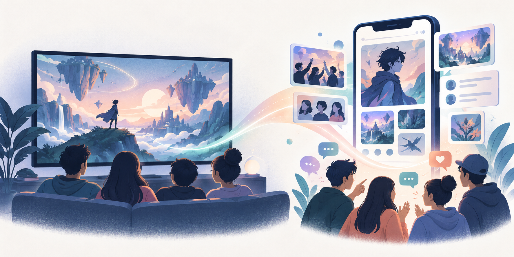 Illustration of an animated series viewed on a streaming screen alongside fans discovering its official Chinese social media presence.