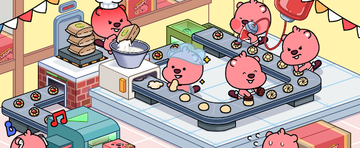 Zanmang Loopy characters working together in a colourful bakery production-line scene