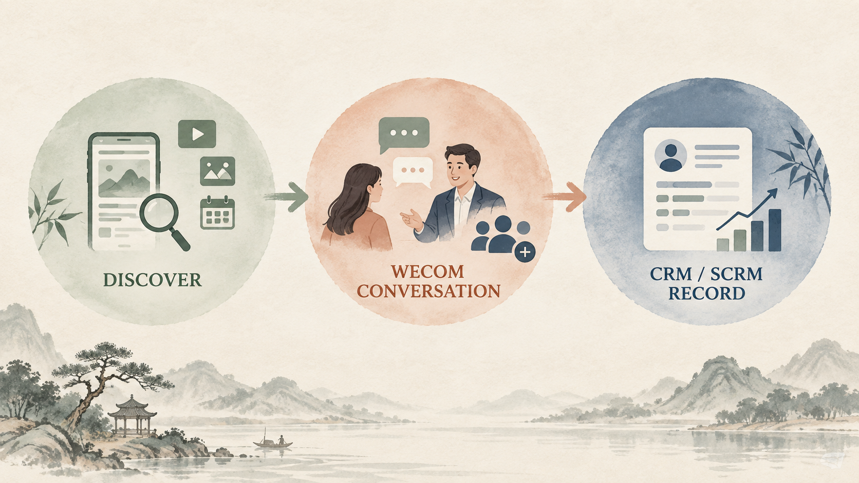 A visual map showing how WeChat and Weixin discovery can lead to WeCom conversations and then to a CRM or SCRM record.