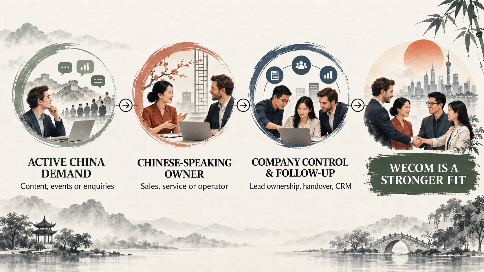 A decision guide showing that active mainland China demand, a Chinese-speaking owner and the need for company control make WeCom a stronger fit.