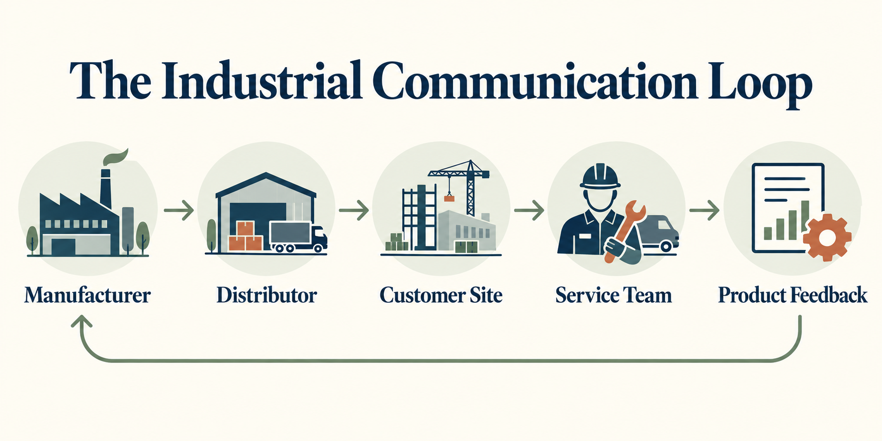 Industrial WeCom communication loop connecting manufacturer, distributor, customer site, service team and product feedback.