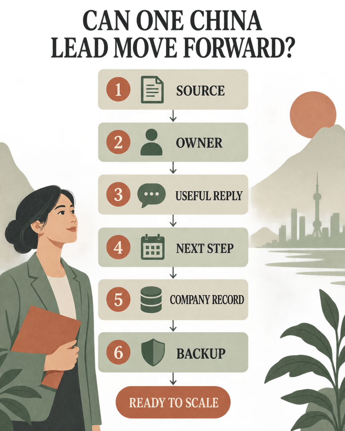 The six-part WeCom CRM one-lead test: source, owner, useful reply, next step, company record and backup.