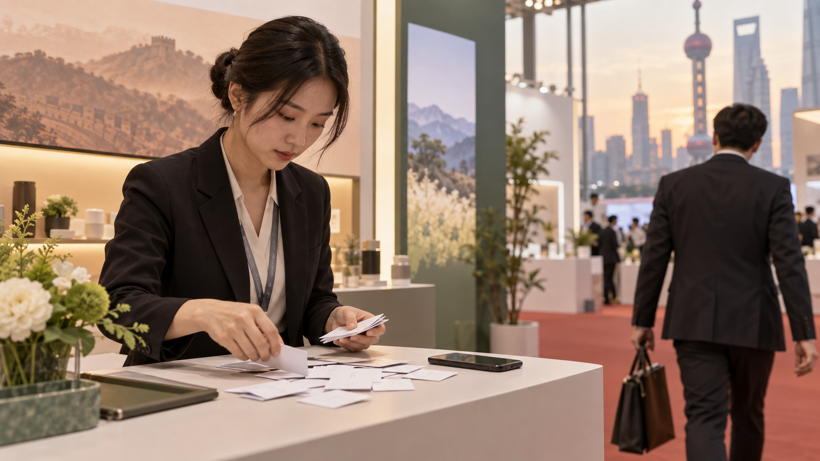 A Chinese-speaking exhibition representative sorting business cards and a phone as a Chinese prospect leaves the booth.