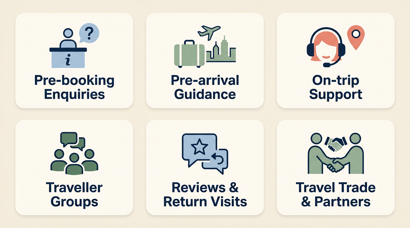 Six practical WeCom use cases for hotels and travel brands, including pre-booking enquiries, pre-arrival guidance, guest support and partner communication.