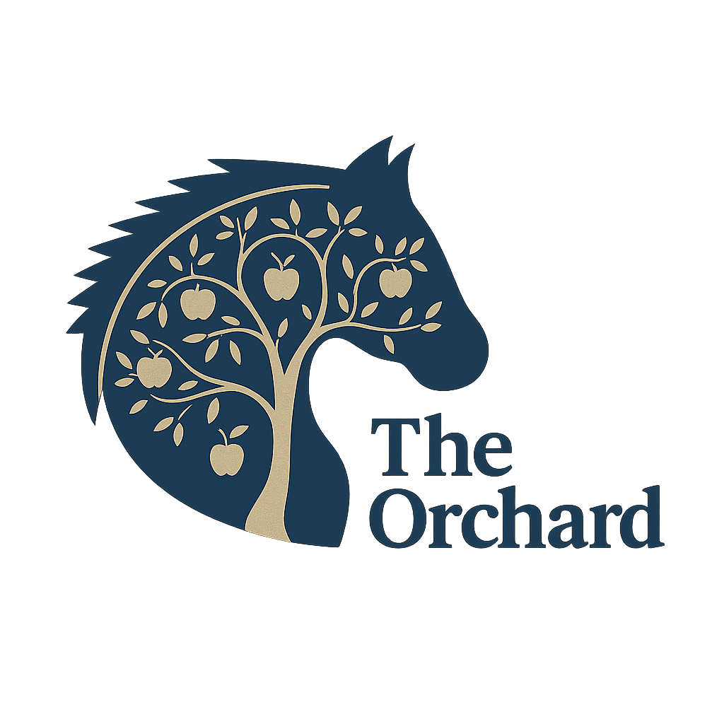 A logo of a horse's head with a tree inside it, featuring apples, and the text "The Orchard Equine College."
