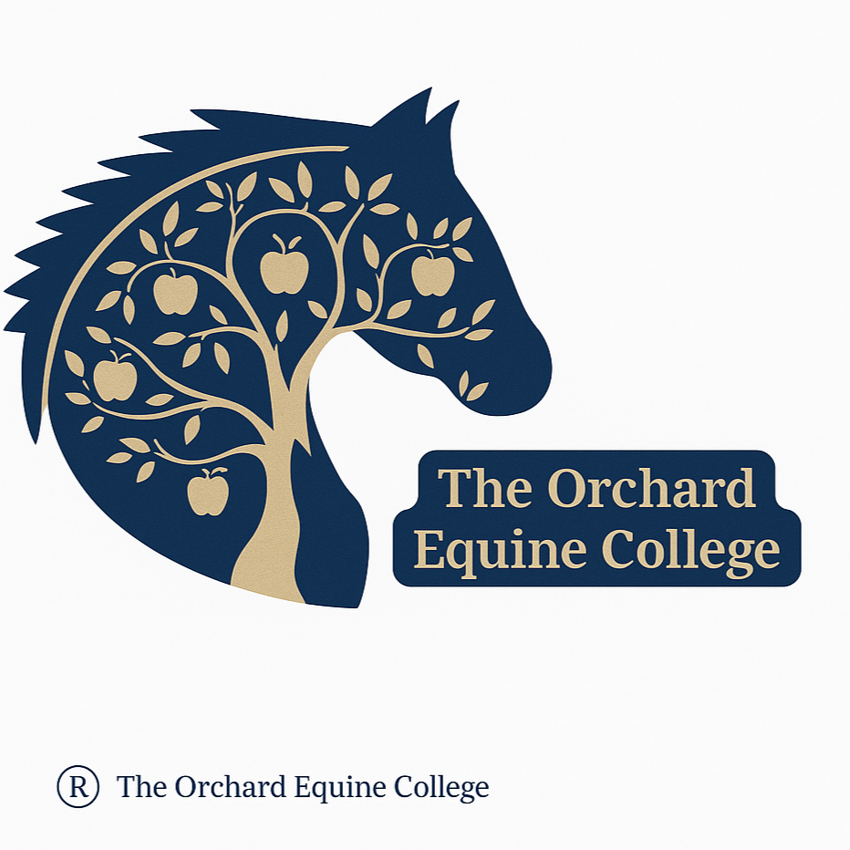 A logo of a horse's head with a tree inside it, featuring apples, and the text "The Orchard Equine College."