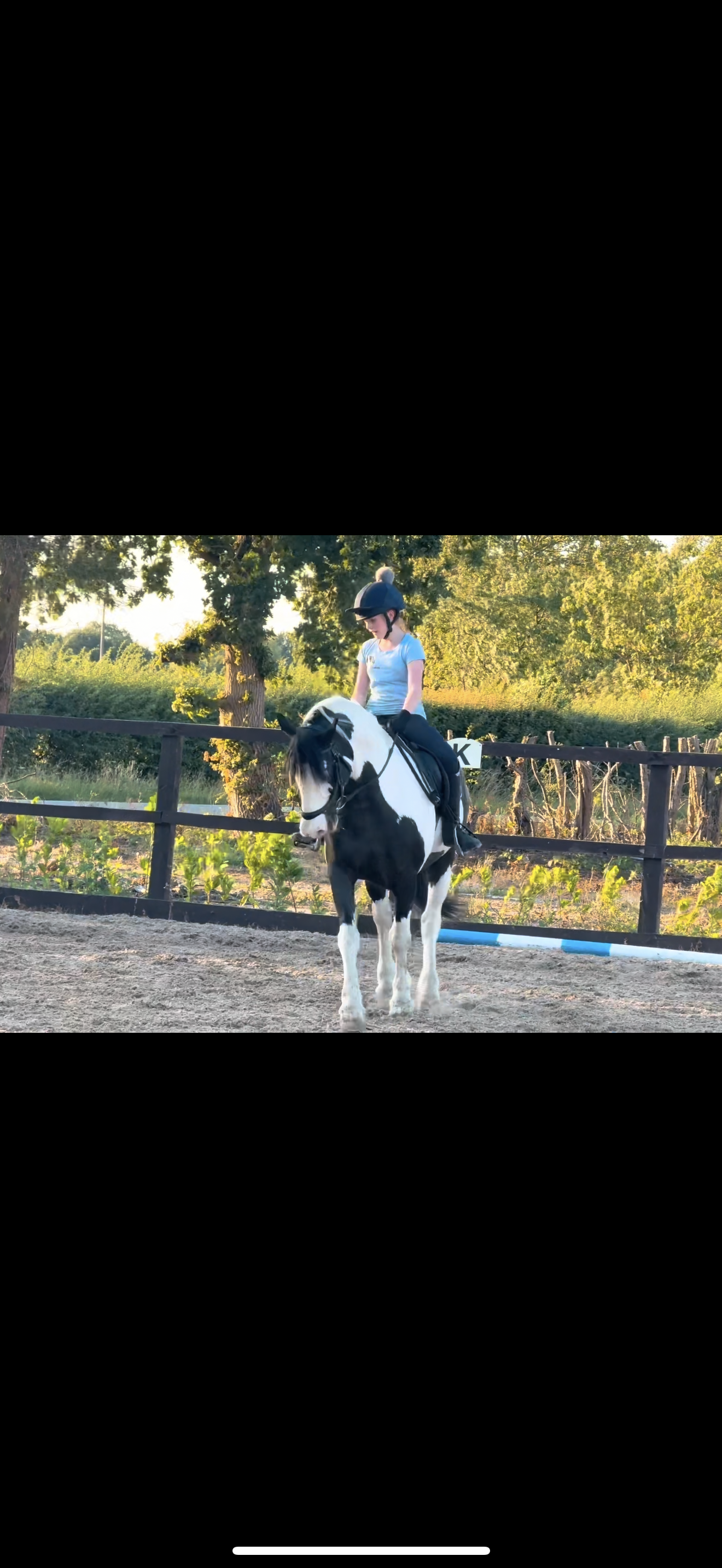 A young girl wearing a blue shirt, black riding helmet, and black riding pants rides a black and white horse in an outdoor riding arena during daytime. The arena is enclosed with wooden fencing and surrounded by trees and greenery.