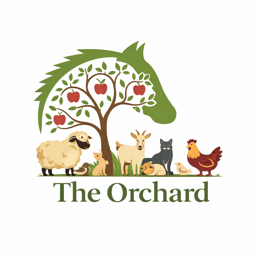 A logo featuring a goat, rabbit, sheep, duck, cat, dog, chicken, and bird under a tree with apples, with the text 'The Orchard' below.