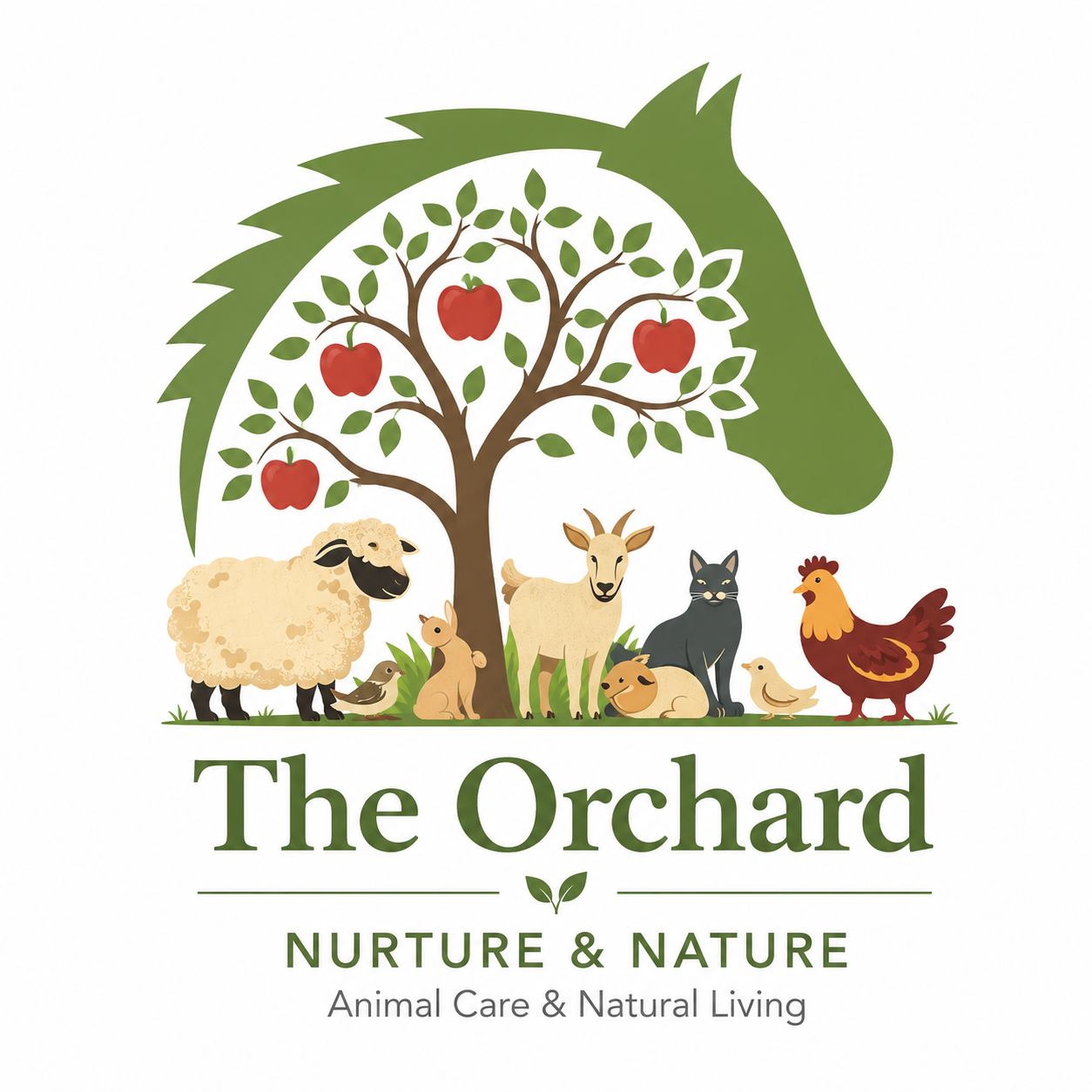 A logo featuring a goat, rabbit, sheep, duck, cat, dog, chicken, and bird under a tree with apples, with the text 'The Orchard' below.