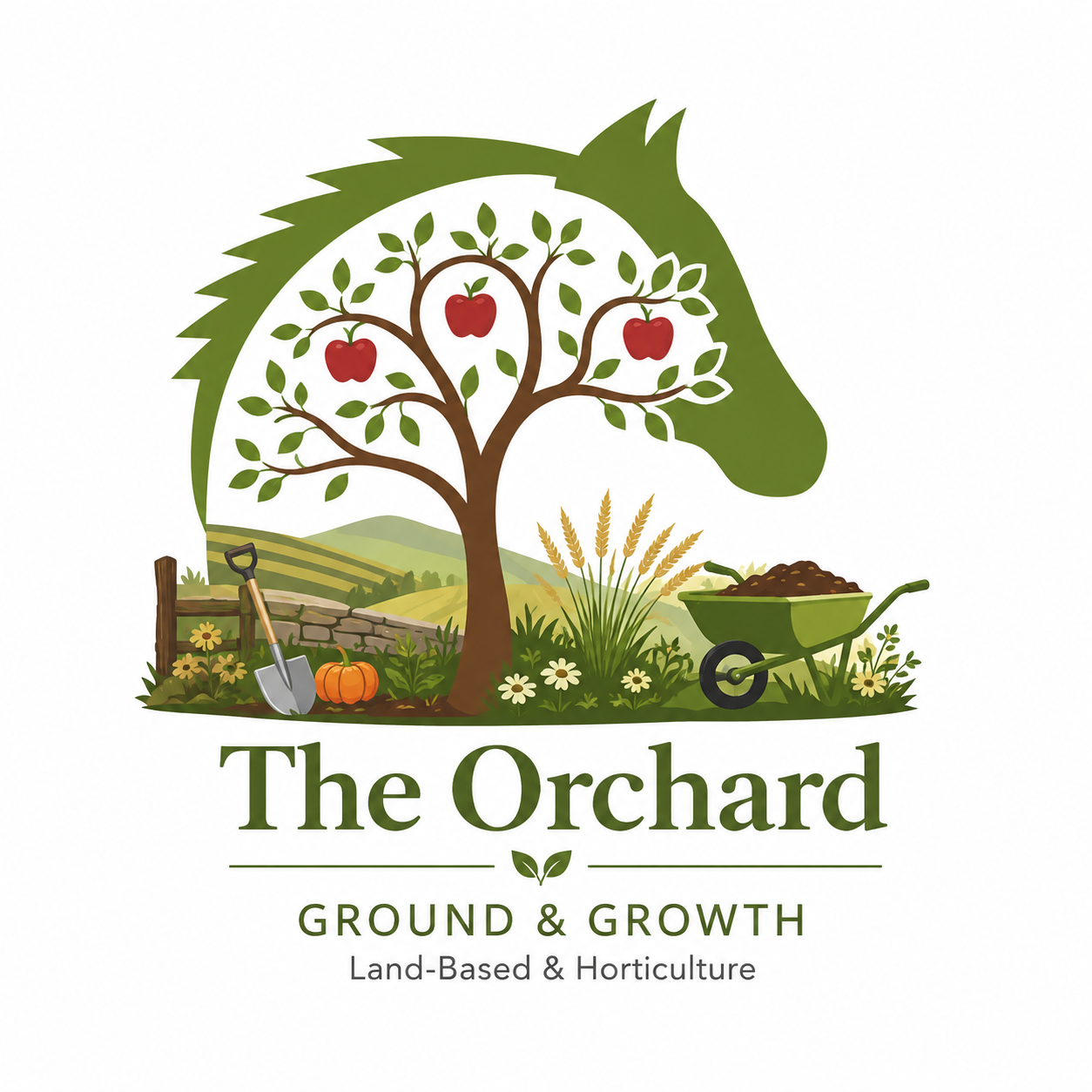Logo for The Orchard with a stylized apple tree in the shape of a horse's profile, featuring red apples, a wheelbarrow, a pumpkin, and farm tools, with the text "The Orchard" beneath.