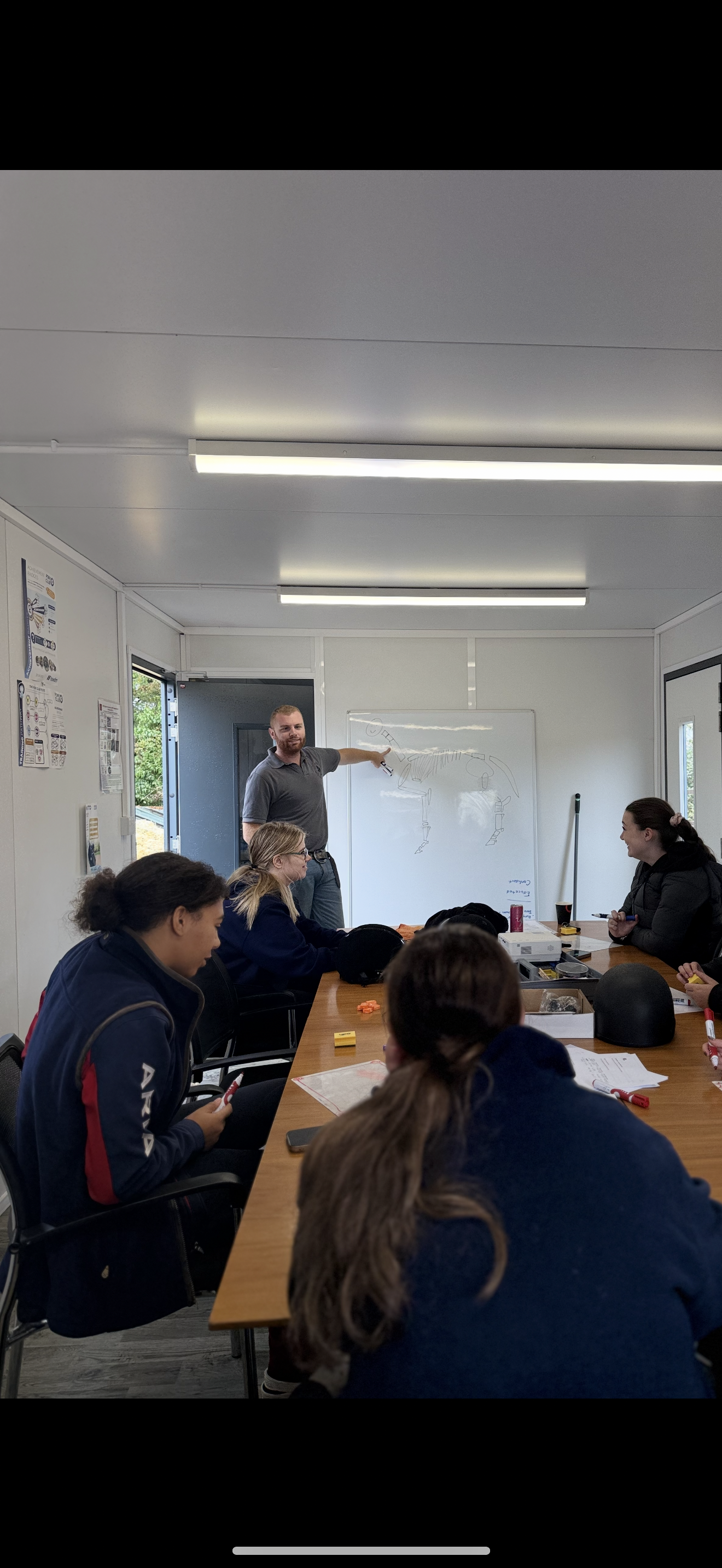 A man standing and pointing at a whiteboard with a diagram, leading a classroom session with five people sitting around a table, some taking notes.