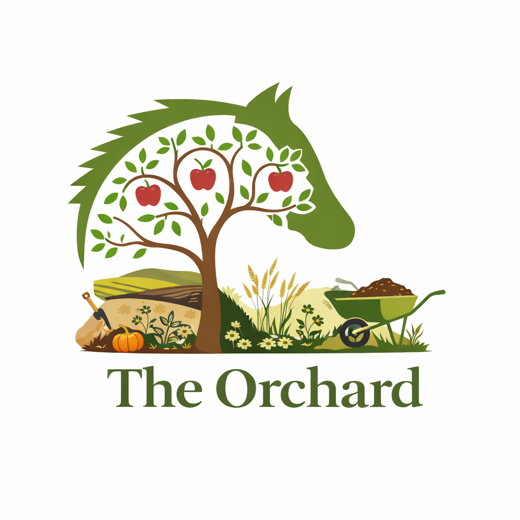 Logo for The Orchard with a stylized apple tree in the shape of a horse's profile, featuring red apples, a wheelbarrow, a pumpkin, and farm tools, with the text "The Orchard" beneath.