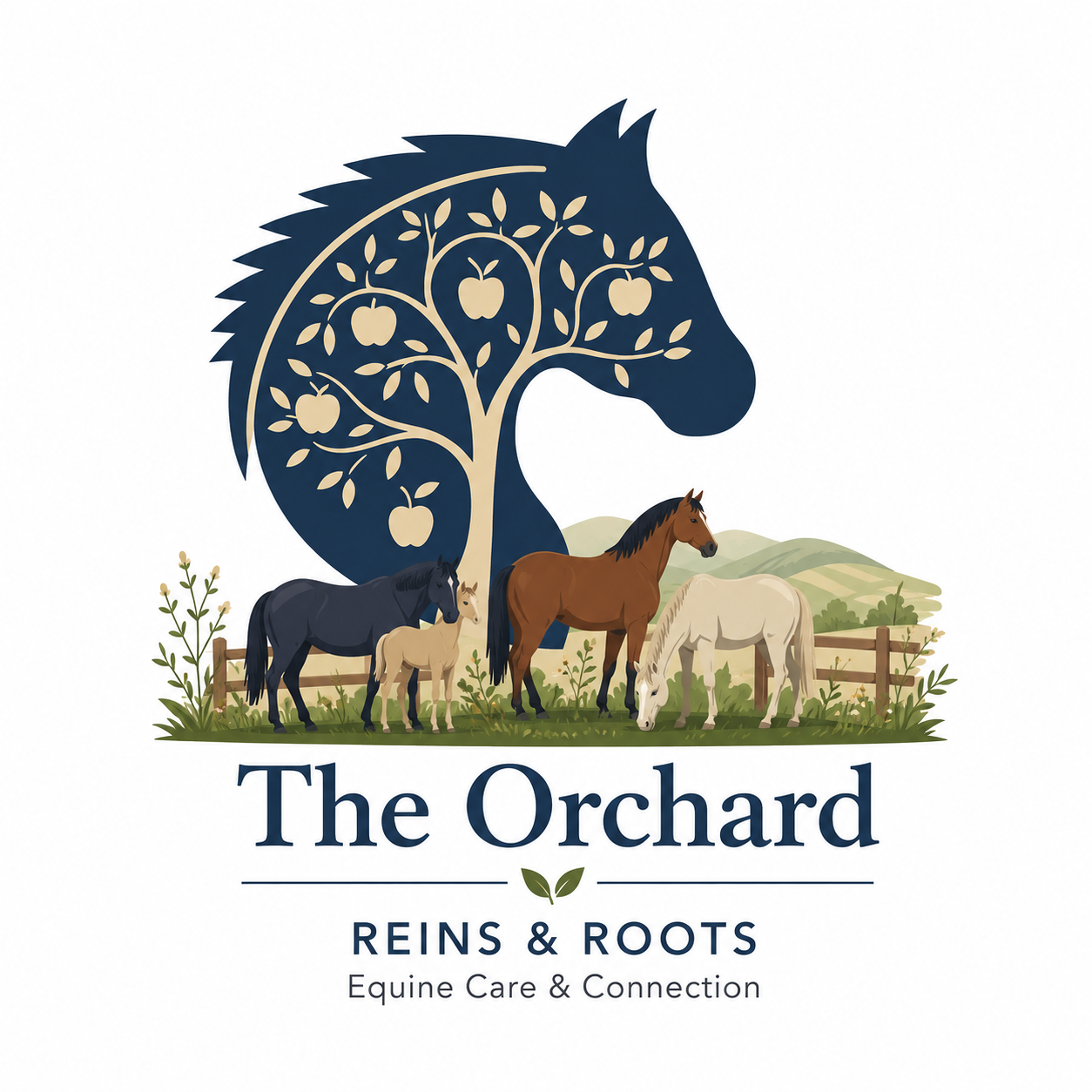 A logo of a horse's head with a tree inside it, featuring apples, and the text "The Orchard Equine College."