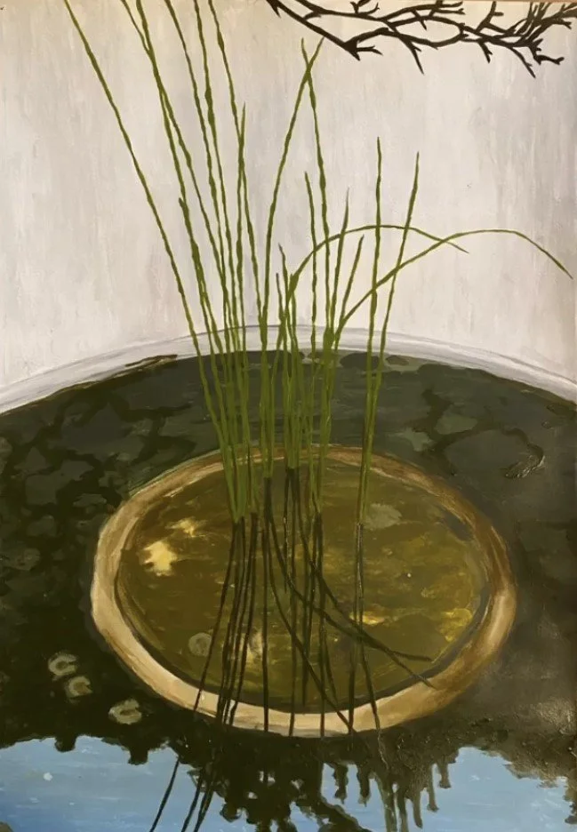 Painting of a round pond with tall green grass and a branch above, with the pond's reflection visible on the water surface.