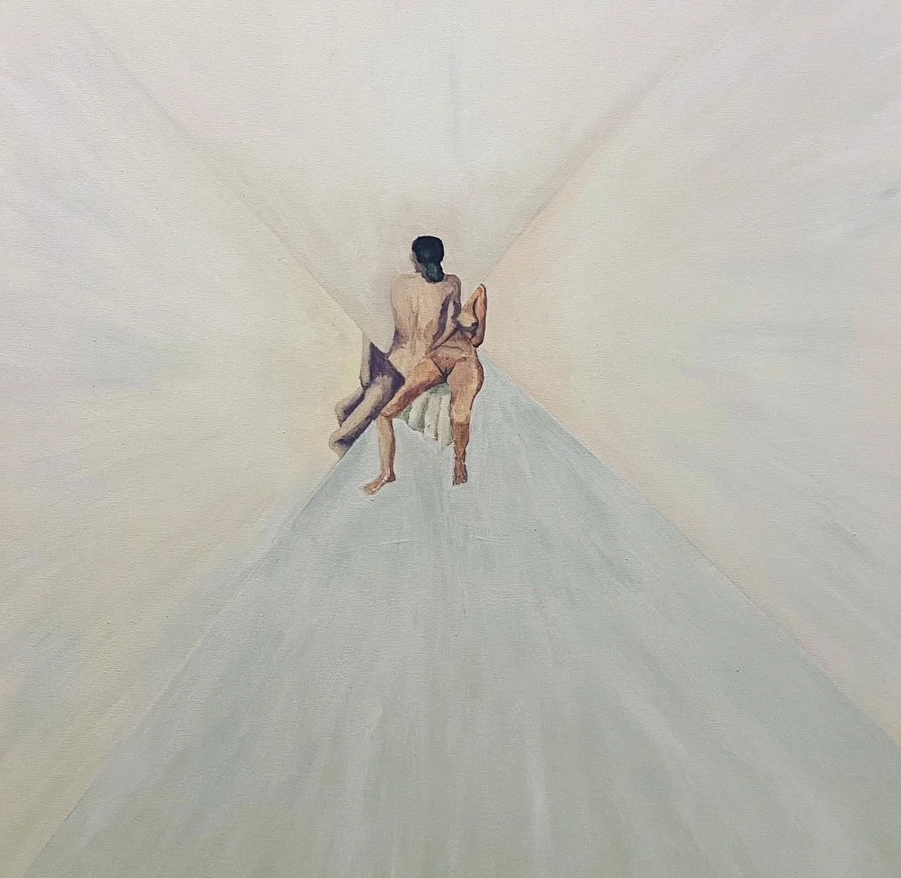 Painting of two nude women sitting on a chair, facing away, in an abstract room with geometric lines and soft pastel colors.