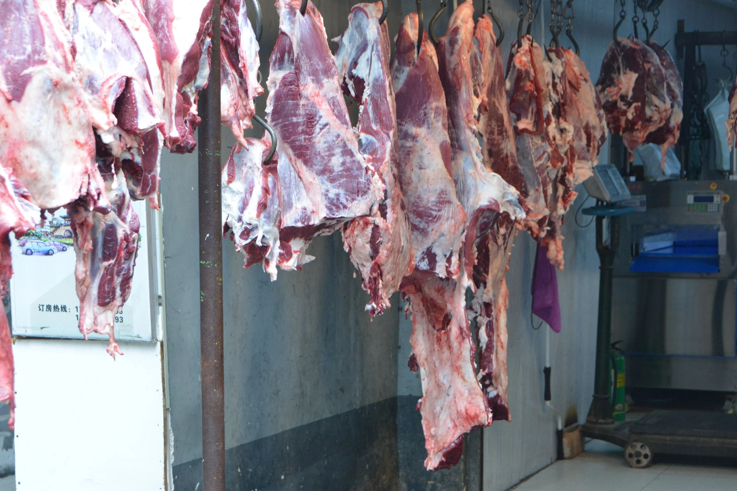 Part of the China Exhibition-Street Photography. Hanging carcasses of various cuts of slaughtered livestock in a meat shop.