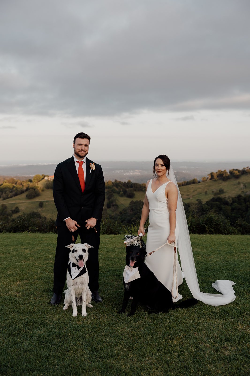 A newlywed couple dressed in wedding attire standing outdoors on a grassy hill with rolling hills and a cloudy sky in the background. The groom is in a black suit with a red tie, and the bride is in a white wedding gown with a veil. They are accompan
