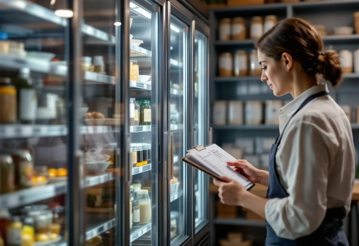 Mujer mirando una tabla de productos en un supermercado