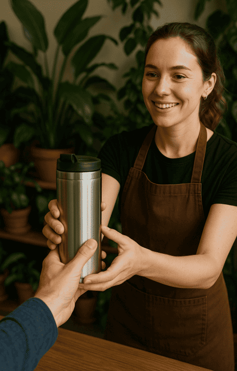 Mesera prepara un cafe en un termo reutilizable que trajo el cliente