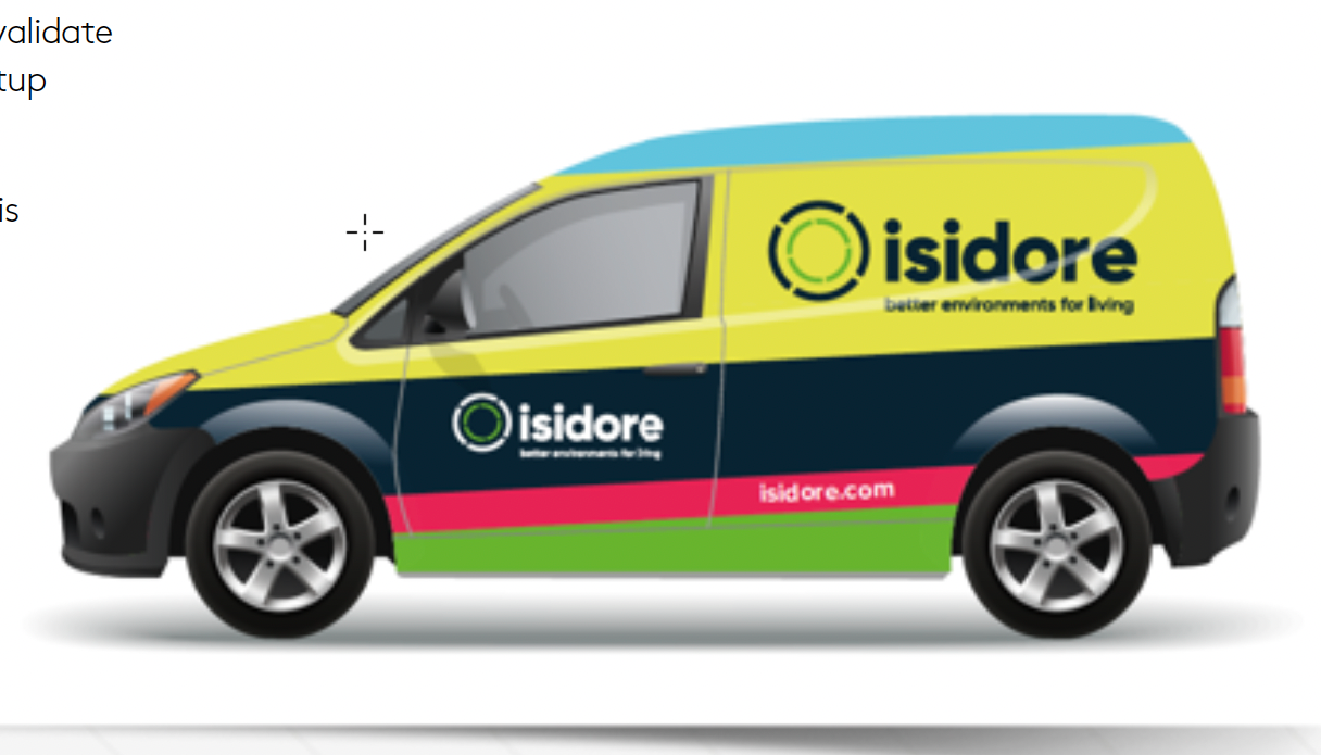 A colorful delivery van with branding for Isidore, featuring a yellow top, dark blue middle, pink stripe, and green bottom, displaying the company logo and website.