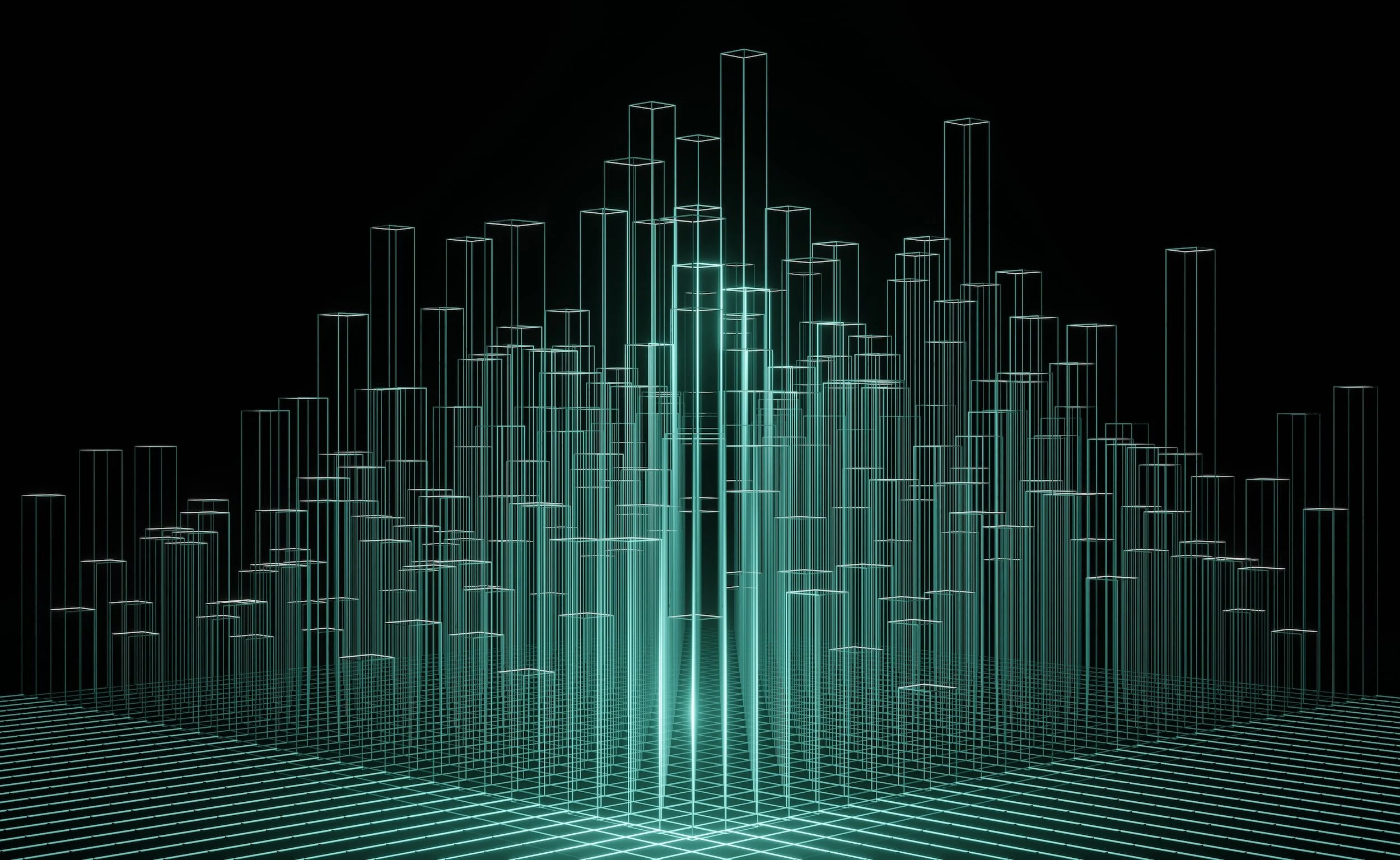 A digital 3D wireframe representation of a cityscape with tall buildings on a black background, glowing with neon blue and green lines.