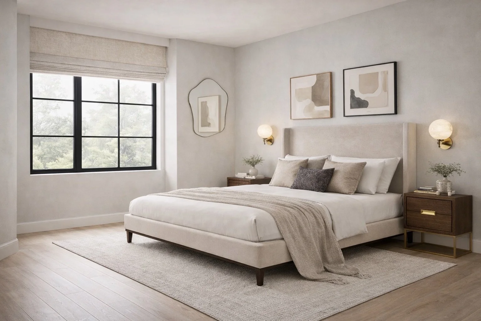 Design visual of a show apartment bedroom with upholstered bed, globe wall lights and abstract artwork