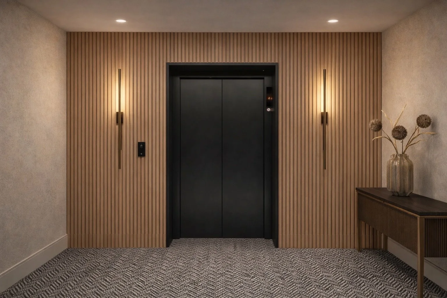 Design visual of a lift lobby with timber slatted walls, brass wall lights and patterned carpet