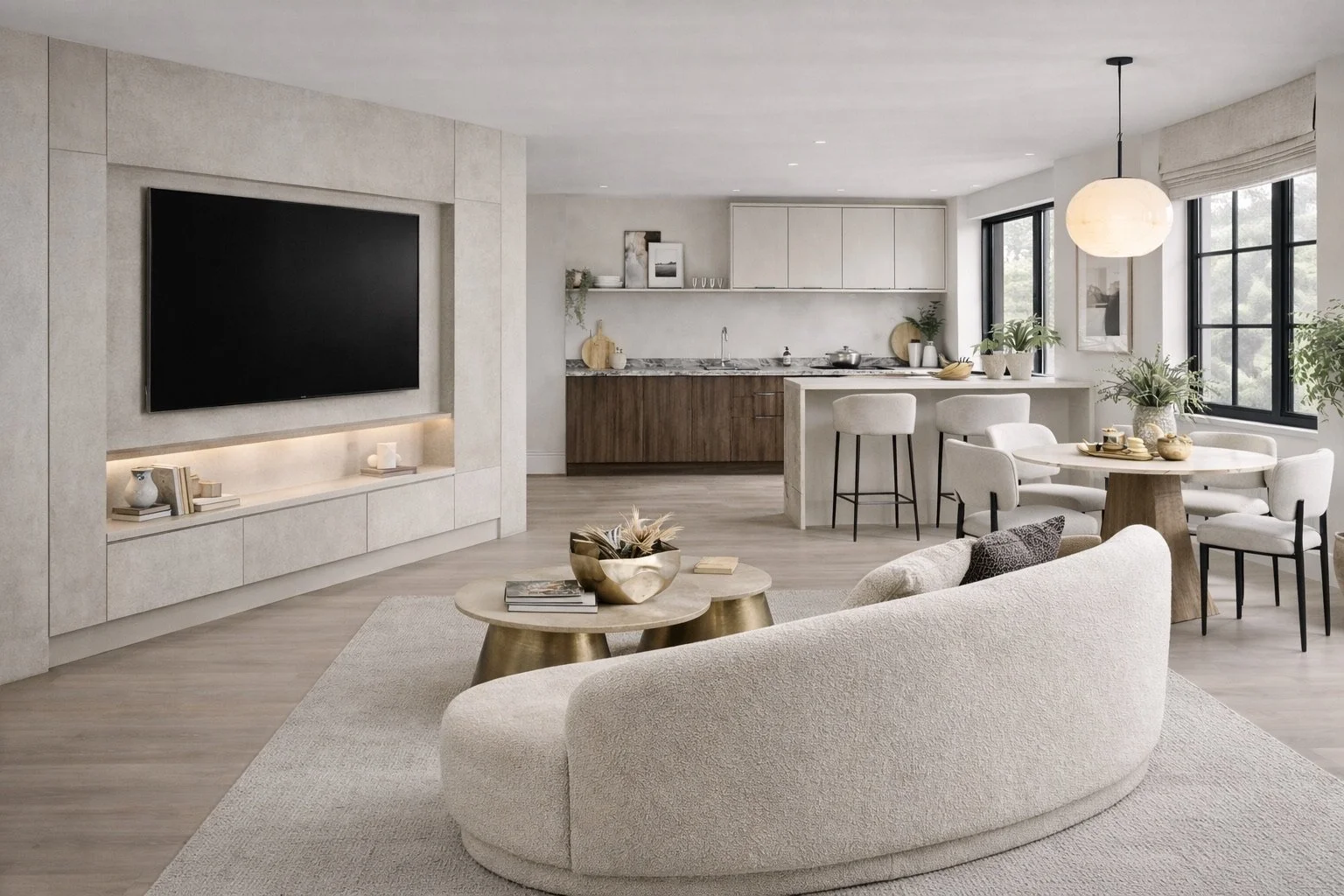 Design visual of an open-plan show apartment living room and kitchen in soft neutrals