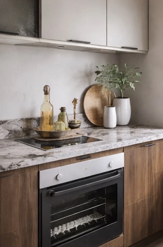 Design visual of a show apartment kitchen with timber units, marble worktop and styled accessories